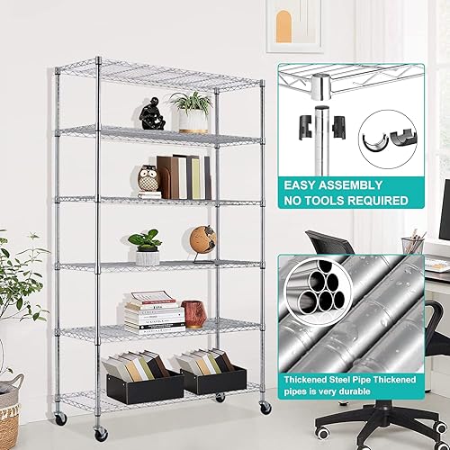 Miniatura 5 de BLKMTY Estantería de alambre de 6 niveles, estantes de almacenamiento ajustables, estante de metal con ruedas, estante de alambre para garaje,