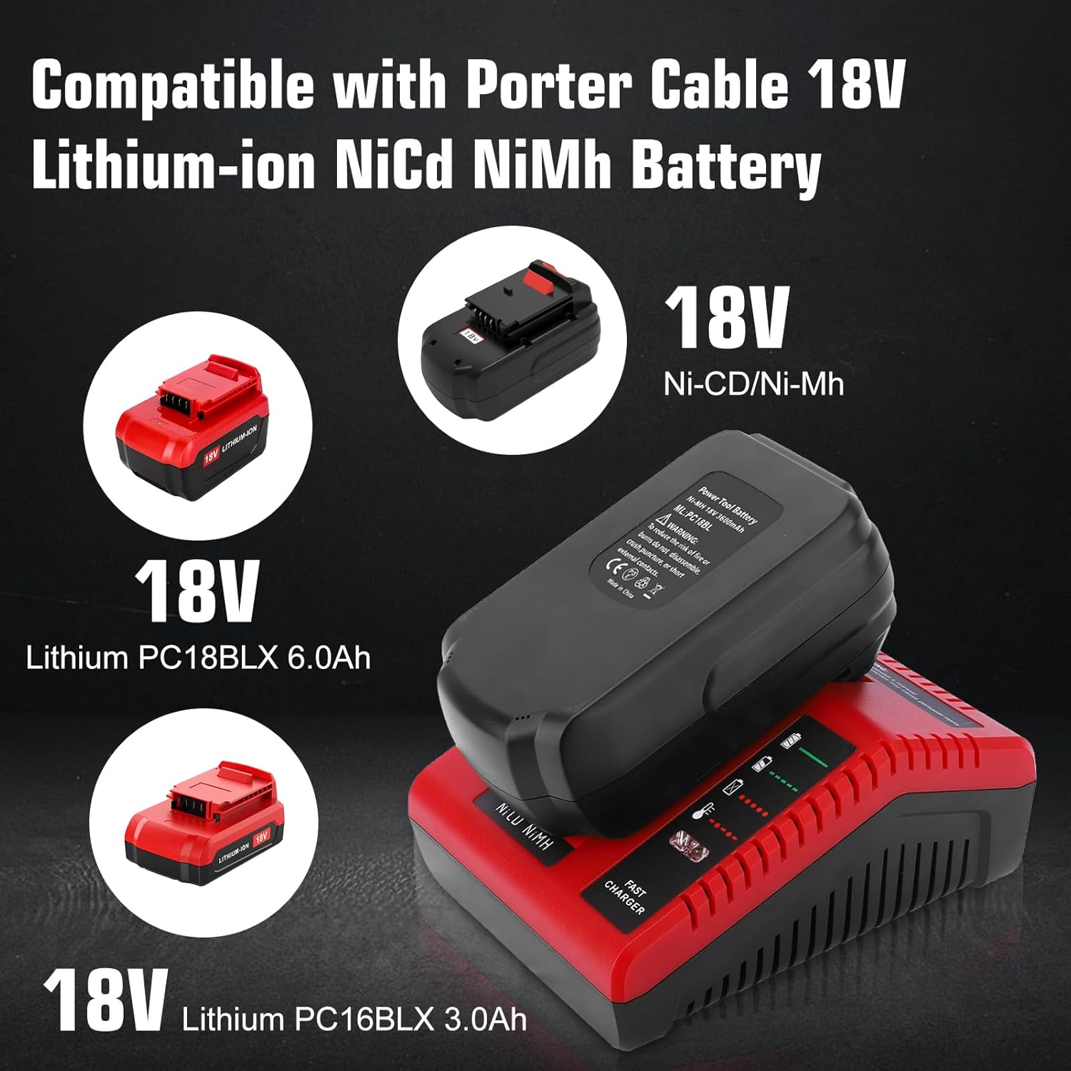 2 Pack 4500mAh High Capacity Ni-Mh 18 Volt PC18B Replacement Battery and PCXMVC PCMVC Charger Compatible with Porter Cable 18V Battery PC18B PC18BL PC18BLEX PCC489N PC188 Cordless Power Tools(Red)