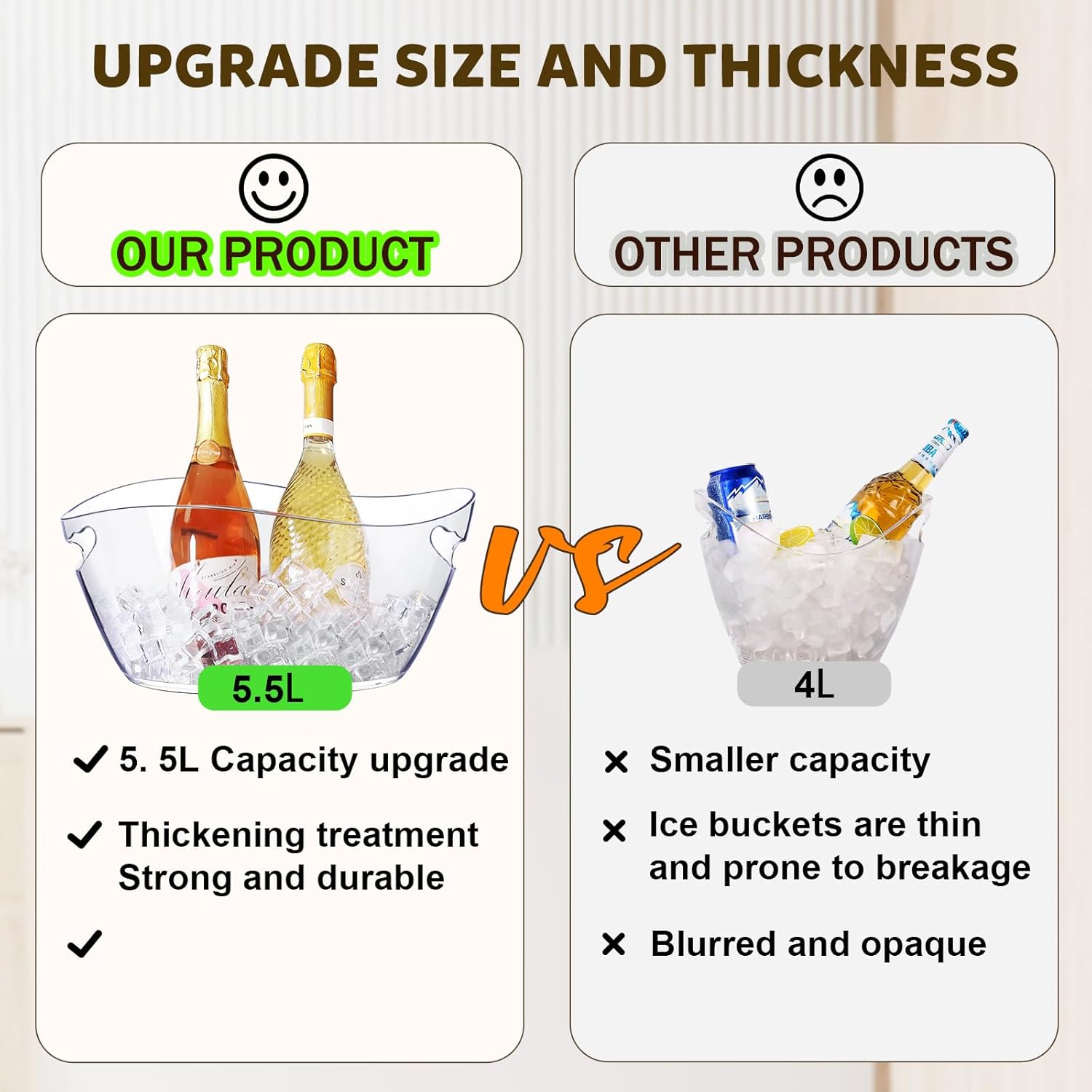 Ice Buckets for Parties, 6.5L Beverage Tub 2pcs Christmas Mimosa Bar Clear Acrylic Champagne Bucket with Scoops, Drink Bucket Tub for Cocktail Bar, Upgraded 6.5 Liter Wine Beer Cooler Bucket Kit