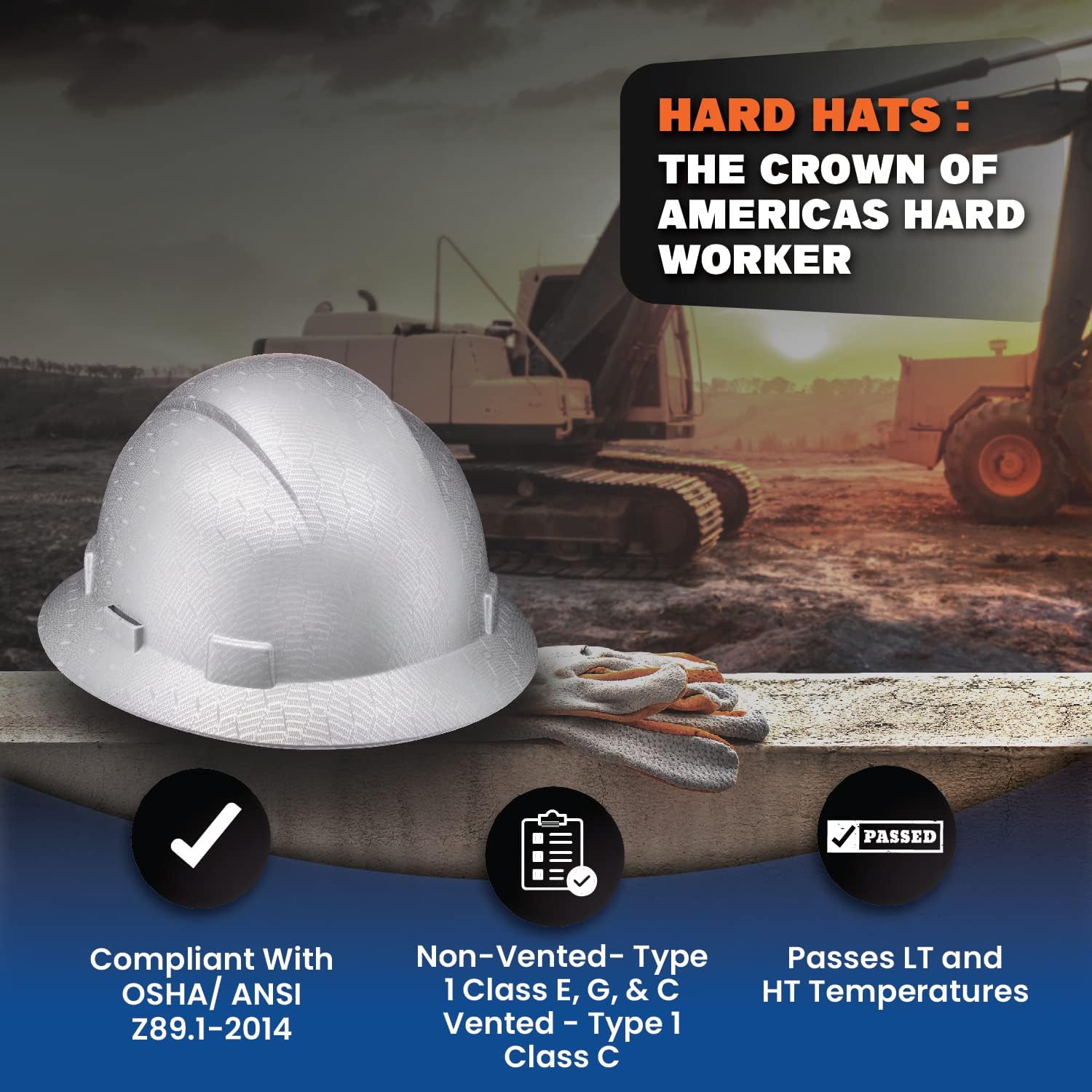 Full Brim Hard Hat Vented, Class C, OSHA Construction Work Approved, Premium Carbon Fiber Design, Soft Padded 6 PT Adjustable Ratchet Suspension, Top Pad