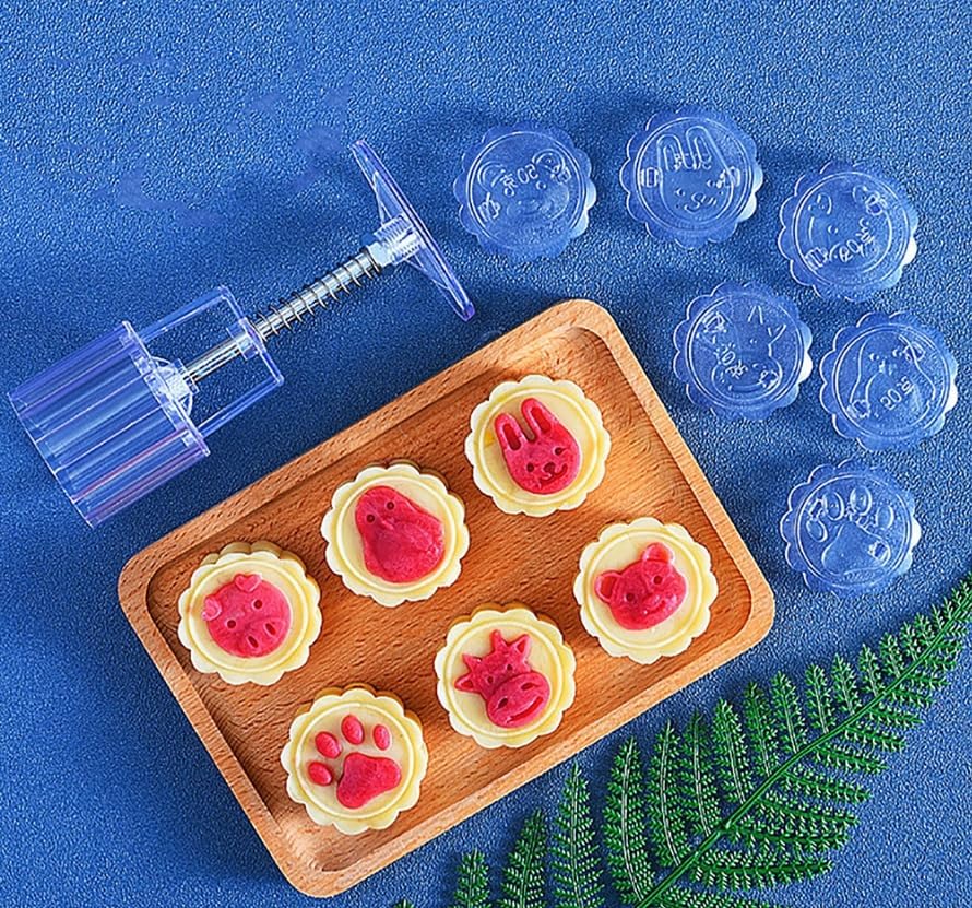 Mooncake Press Molds, Moon Cake Mold Press DIY Cookie Cutter 50g Flower Animal Moon Cake Mold with 6 Stamps Cookie Press Mid Autumn Festival Decor Cake Cutter Mold Hand Pressure Mooncake Baking Tools