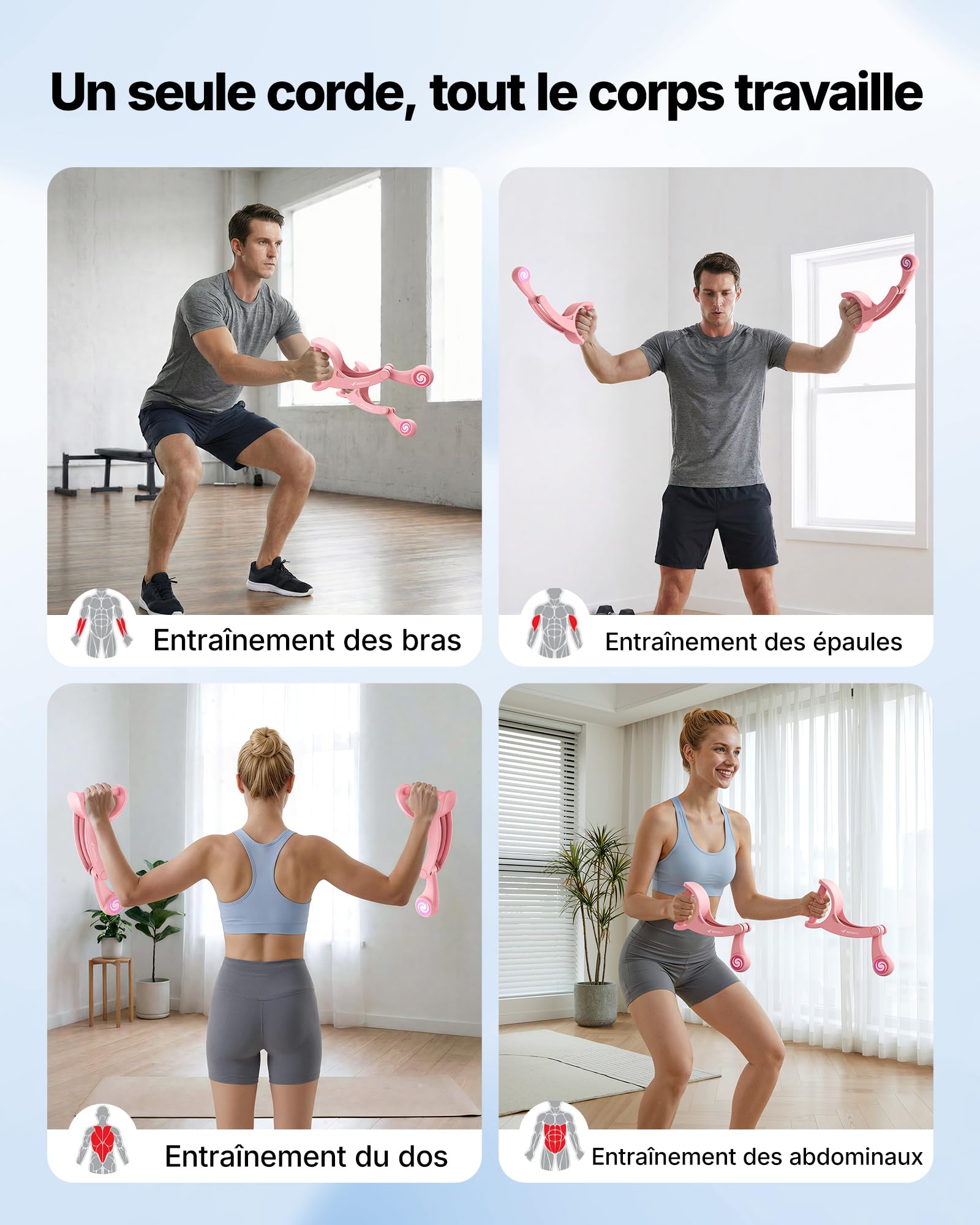 MERACH Ropeless Battle Ropes, Corde d’entraînement sans Fil, Muscle Les Bras, Gainage & Corps Entier, Idéal pour Le Fitness Débutant et la Rééducation, Silencieux & Portable - Rose (Lot de 2)