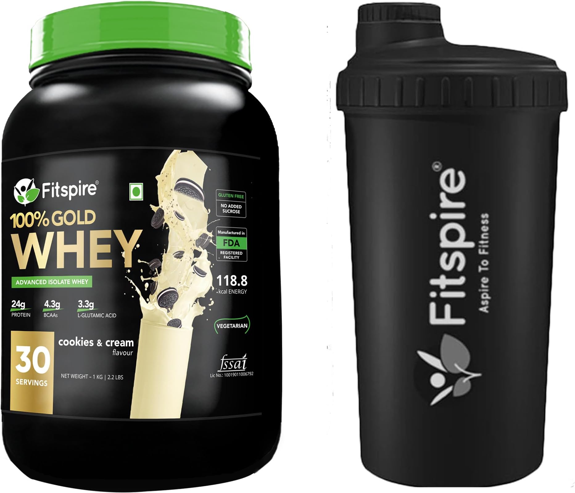 Fitspire gold whey protein isolate 1kg | 24g proteins, 4.3g BCAA, 14.12g EAA | 3.3.g Glutamine | Whey Protein gym-goers | muscle gain | Digezyme for digestion (Cookies and Cream, 1 kg with shaker)