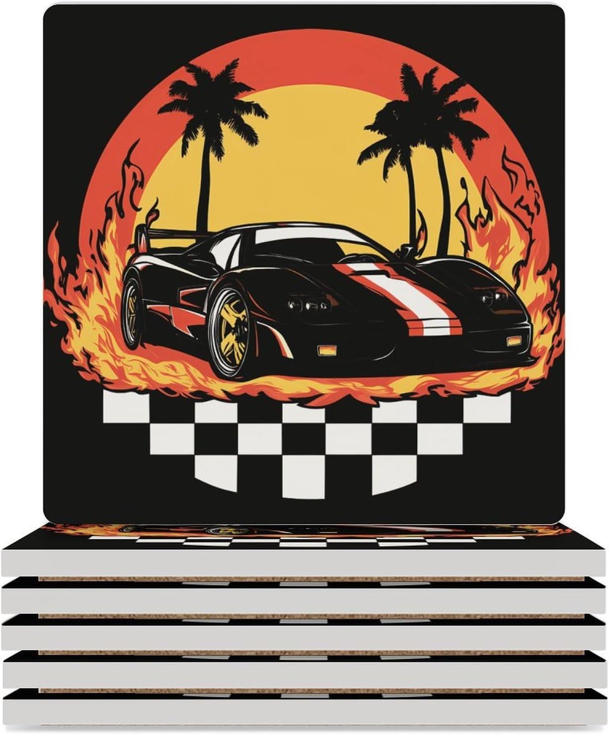 Us Muscle-Car Racing Ceramic Coasters Set Square Drink Coasters Table Coaster for Kitchen Desktop Decor