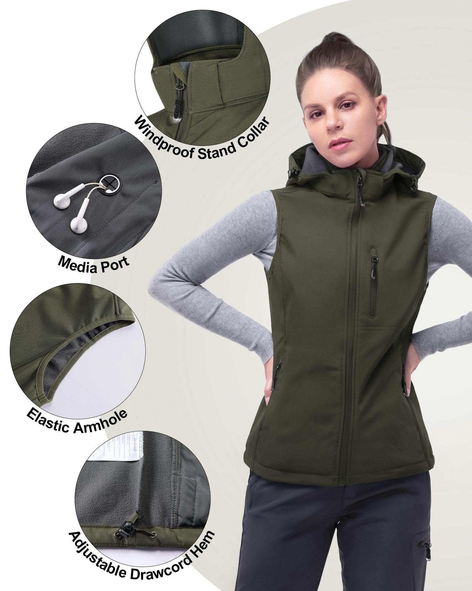 33,000ft Damen Softshell Westen mit Abnehmbarer Kapuze Fleece Gefütterter Ärmelloser Jacke Wasserdichte Winddichte Sportwesten Vest mit 5 Taschen für Reiten Laufen Wandern