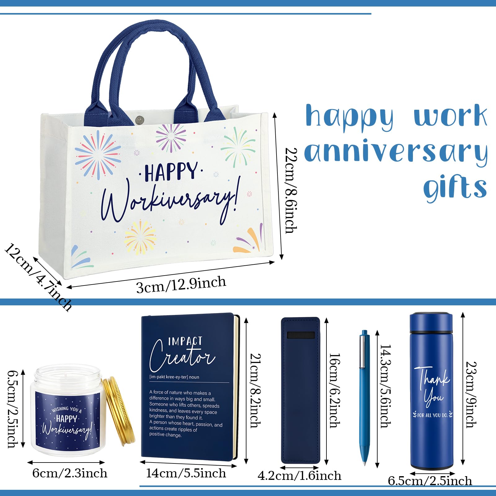 Thenshop 6 Pcs Happy Workiversary Gifts Set for Men Women Employee Appreciation Gifts Include Tumbler Leather Notebook Pen Tote Bag Scented Candle for Office Coworker Employee (Blue)