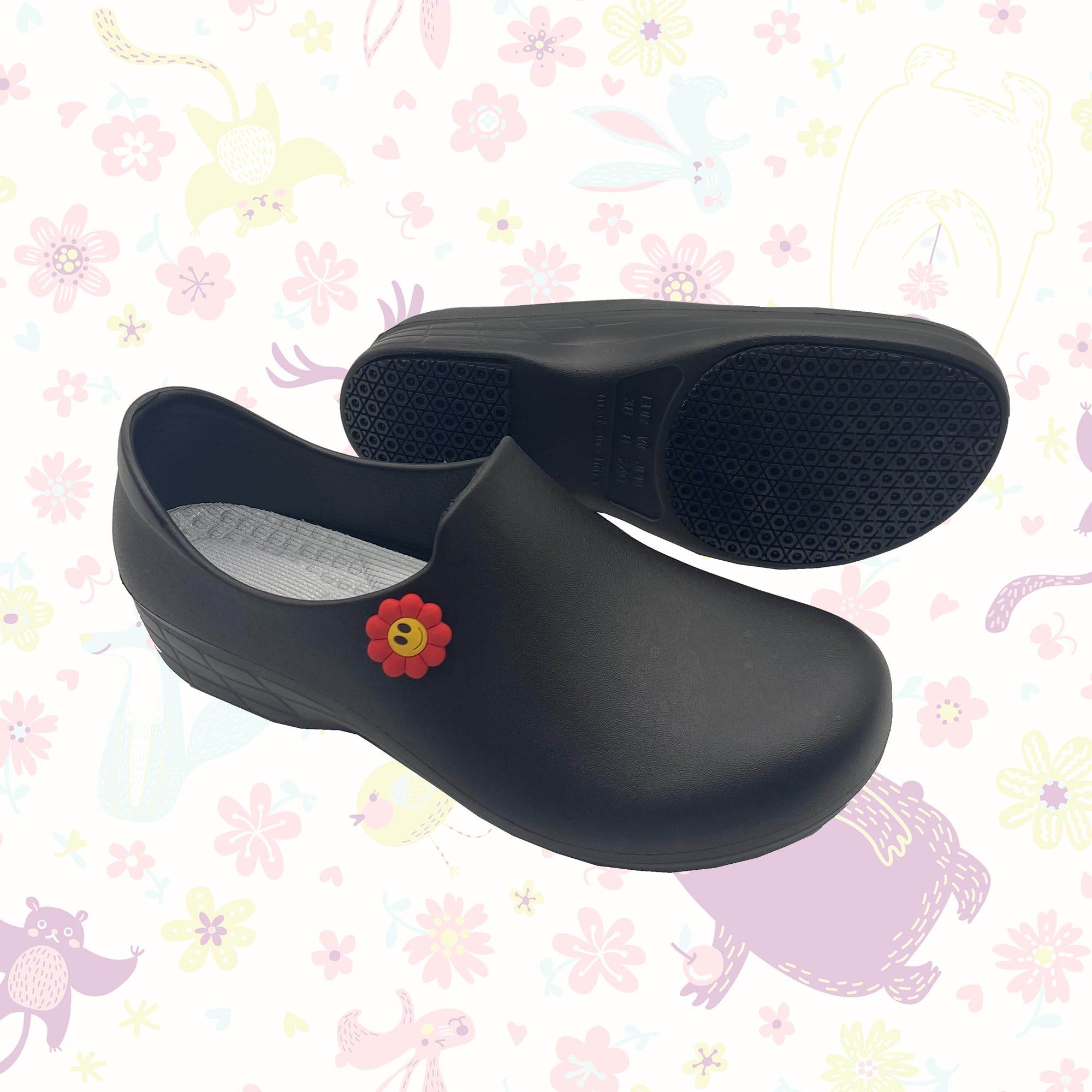 FULORIS Women's Comfortable Garden Clogs Non Slip Kitchen Work Shoes Waterproof Oil Resistant Chef Nurse Nursing Shoe for Women Clog Food Server Shoes Shoe Charms 5-Packs Black Size 9.5