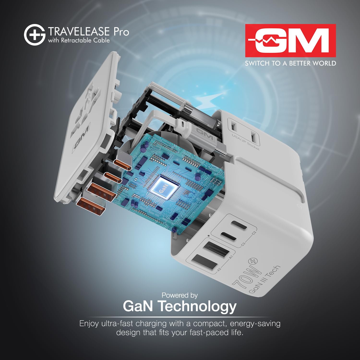 GM G+ 70W TravelEase Pro GaN International Travel Adapter, US, UK, EU, AU & 150+ Countries, 75cm Retractable Cable, 2 USB-A&USB-C Ports, Fast Charging Smartphones, Laptop, MacBook Air-M4, Tablet, DSLR 4