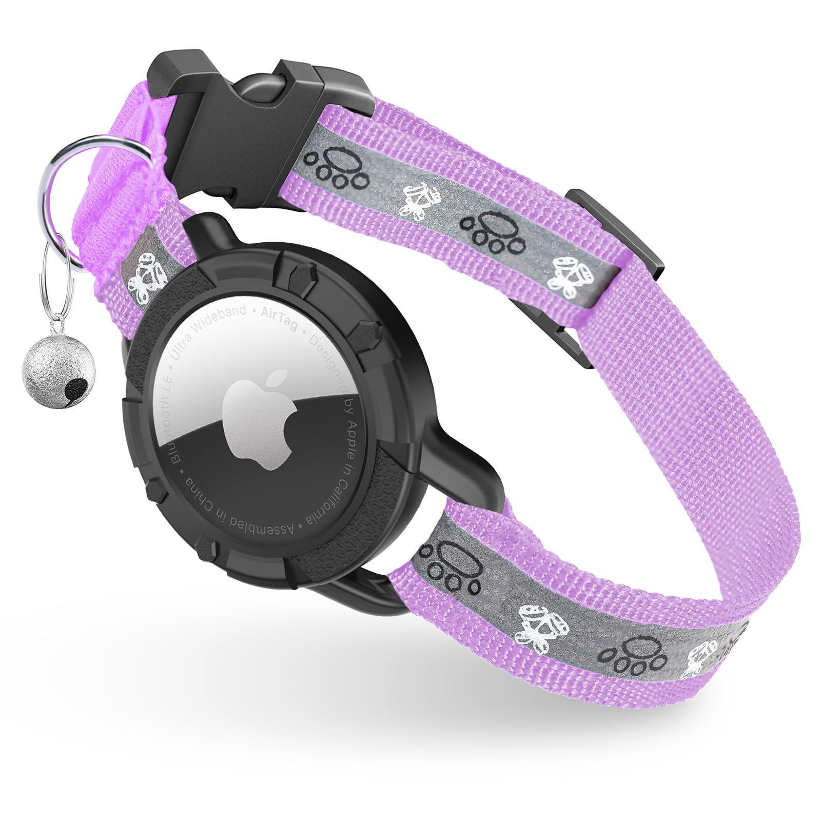 Reflective AirTag Cat Collar, Integrated Cat Tracker Collar with Air Tag Holder and Bell, Safety Elastic Band Cat GPS Collars for Girl Boy Cats, Kittens and Puppies (Lilac,S)