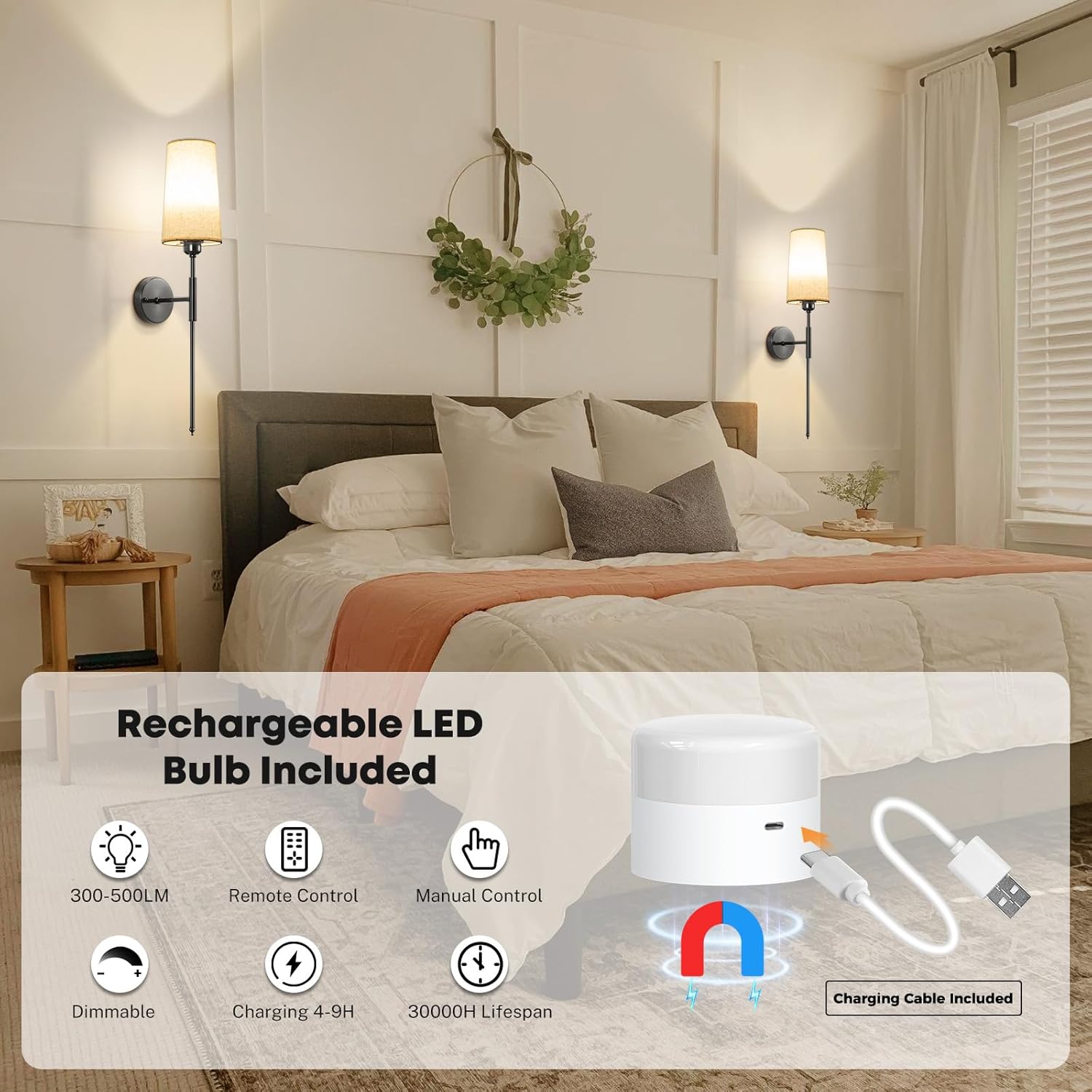 Battery Operated Wall Sconce Set of 2, 13000mAh Rechargeable Battery Powered Sconces with Remote Dimmable Fabric Shade Wireless Sconces Fixture for Bedroom Living Room