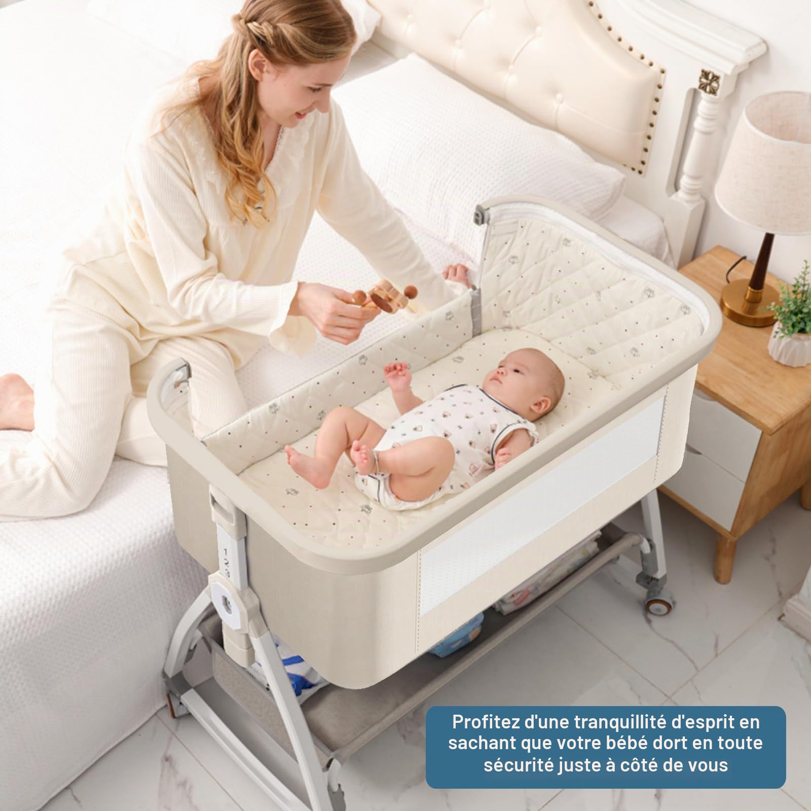 Next to Me Berceau de chevet 4 en 1 avec matelas, 6 hauteurs réglables, filet amovible, panier de rangement et table à langer, peut passer en berceau pour 0 à 3 ans (beige)