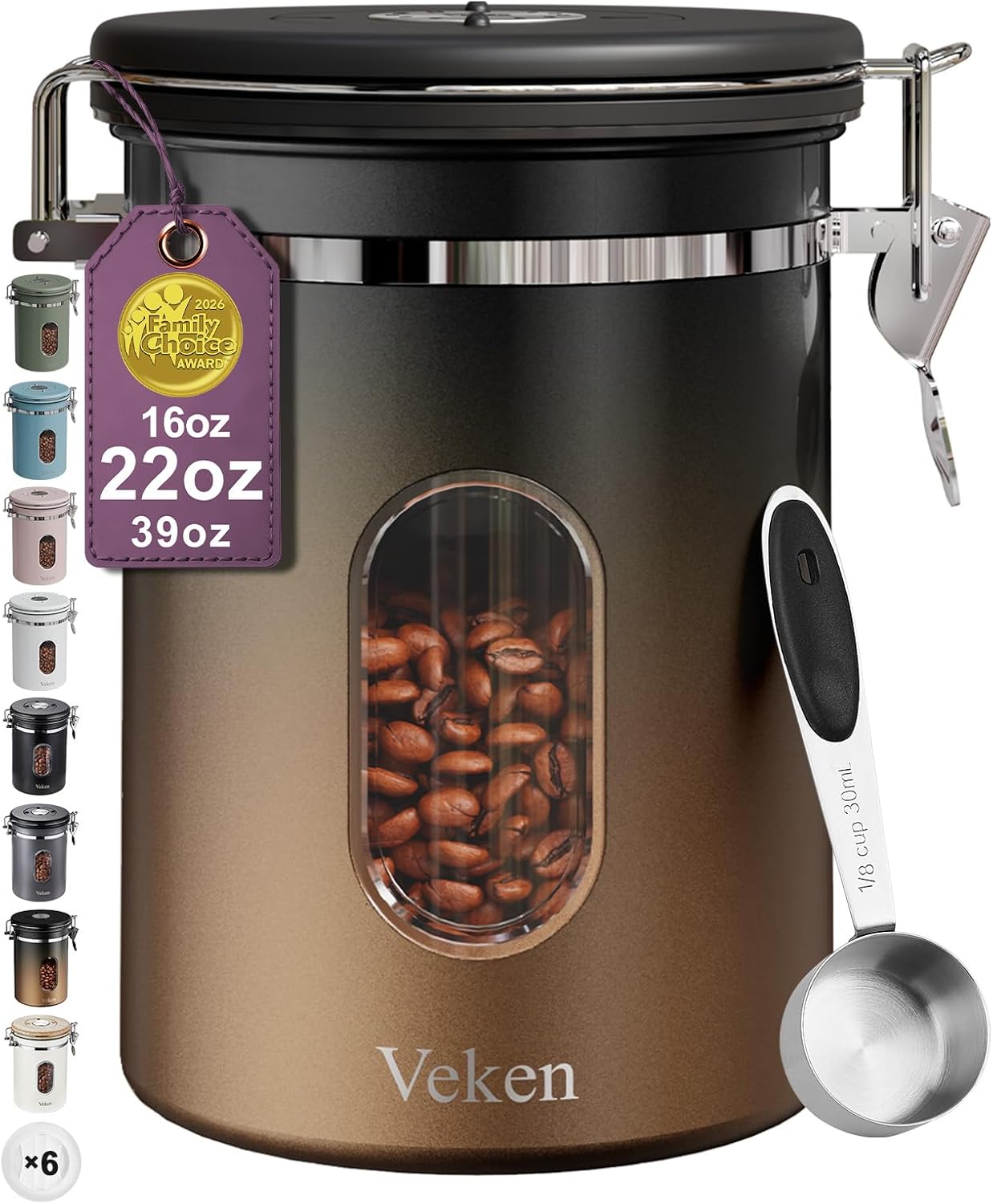 Veken 22oz Copper Coffee Canister - Airtight Stainless Steel with Window, Date Tracker & Scoop for Beans, Tea, Flour