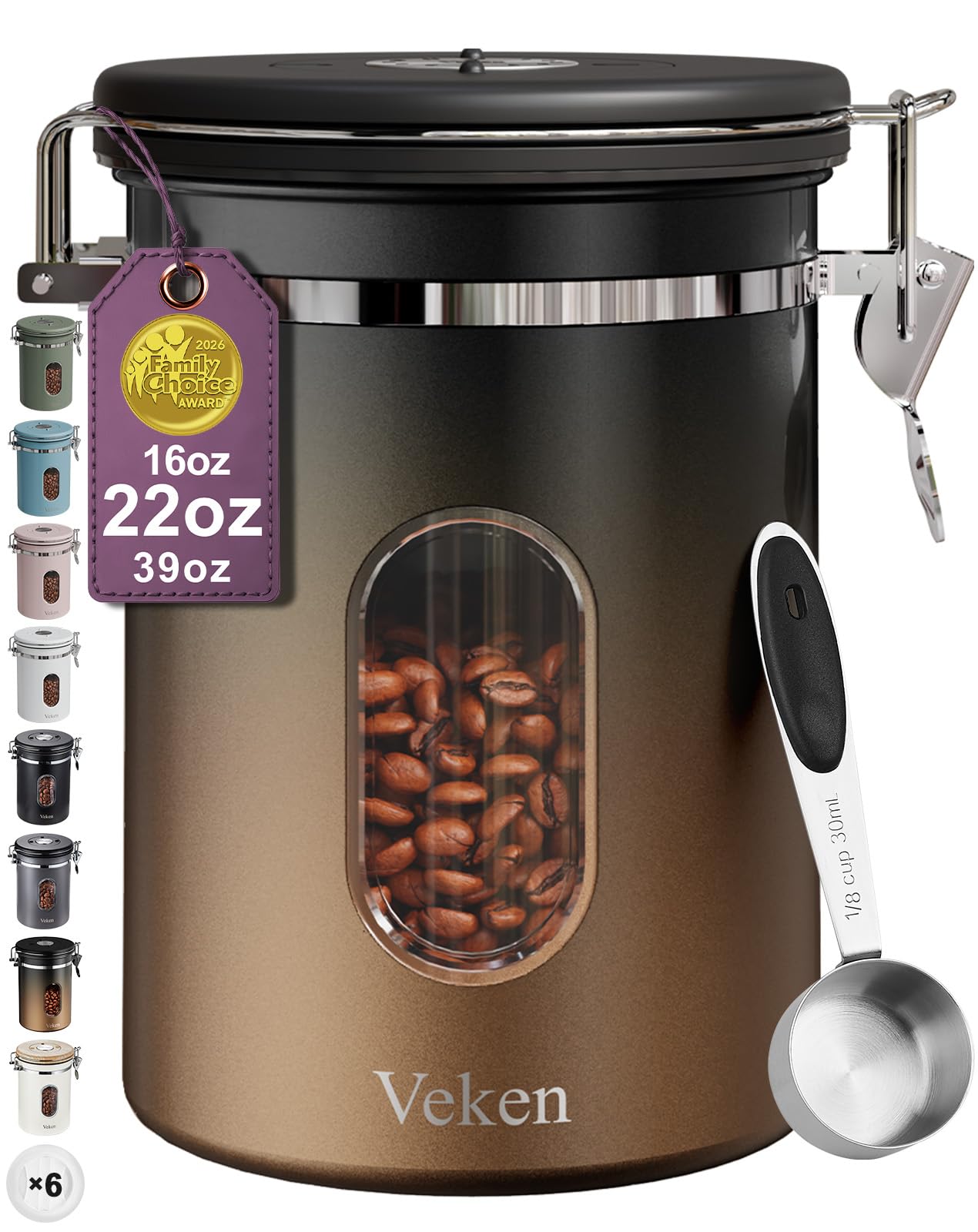 Veken Coffee Canister with Window,Airtight Stainless Steel Kitchen Food Storage Container, Date Tracker & Scoop for Grounds Coffee, Beans, Tea,Flour,Cereal,Sugar,22OZ,Copper