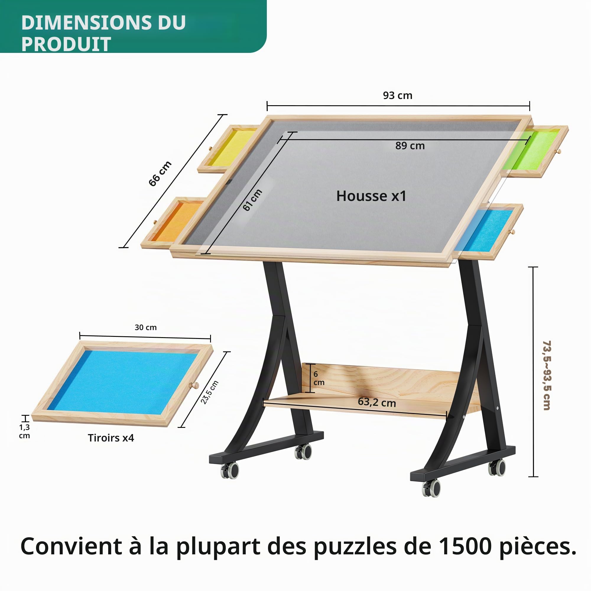 YITAHOME Table de Puzzle de 1500 pièces avec 4 tiroirs, Planche de Puzzle inclinable réglable avec Angle d'inclinaison et réglage de la Hauteur, Tables de Puzzle Pliables Portables avec Couvercle et