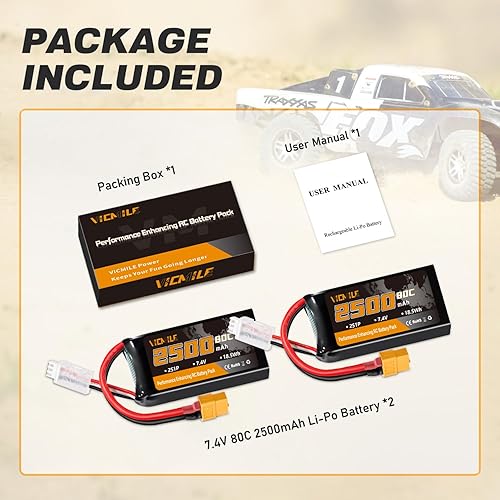 Miniatura 7 de 2S Lipo Batería 2500mAh 7.4V 80C Alta tasa de descarga Shorty Pack Baterías RC con enchufe XT60 Fit para RC Avión FPV Quadcopter Helicóptero Drone y