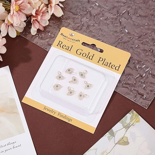 Miniatura 6 de Beebeecraft 1 caja de 8 dijes de mal de ojo chapado en oro de 18 quilates, circonita cúbica azul turco de mal de ojo, dije de cristal de buena