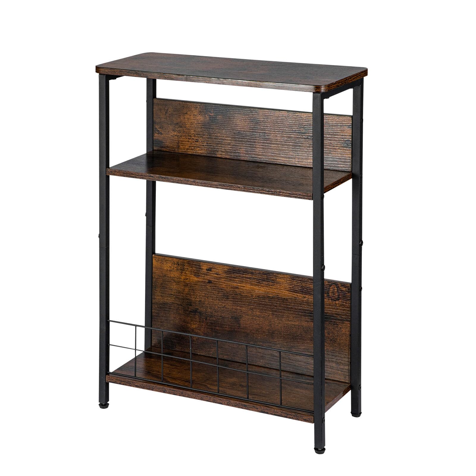 LN COZY CORNER 3-Tier Side Table with Storage Slim End Table Nightstand with Magazine Rack Thin Bedside Table for Small Spaces Living Room End Tables (Brown)