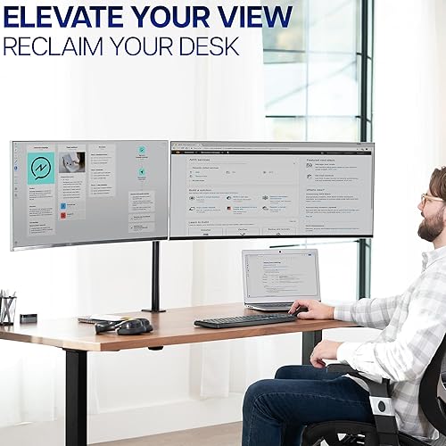 Vista 9 de VIVO Soporte de escritorio para monitor ultra ancho doble, soporte de acero totalmente ajustable, capacidad para 2 pantallas de computadora de hasta
