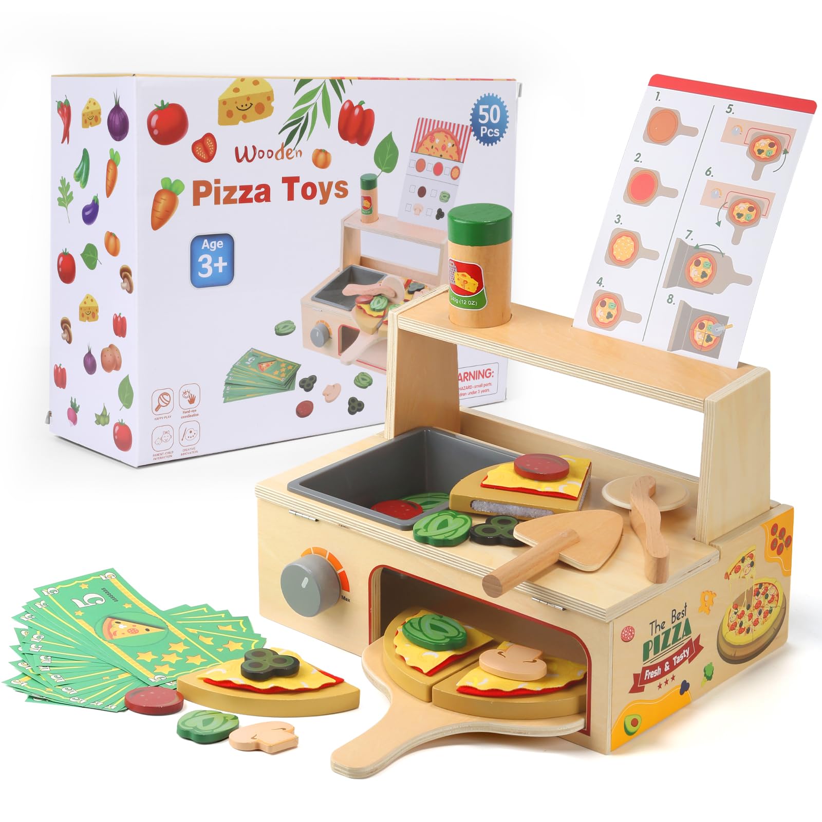 Wooden Pretend Play Pizza Counter Toy Set for Kids, Montessori Pizza Bake Oven & Shop Role Play Kitchen Food with Accessories, Educational Toy for Boys & Girls Ages 3+