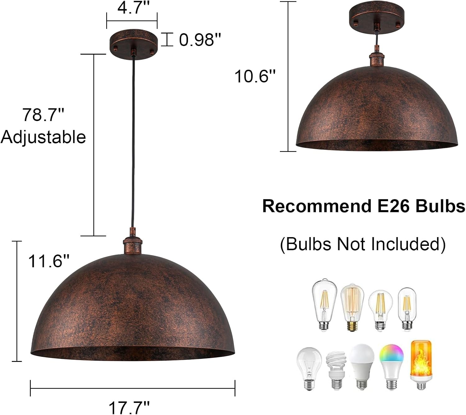 Lingkai 17.7” Industrial Metal Dome Pendant Light, Rust Industrial Pendant Lights for Kitchen Island, Dimmable Hanging Light Fixtures Compatible for Kitchen Island, Dining Room