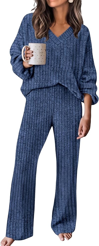 Famulily Pajamas for Women Set 2 Piece Ribbed Knit Loungewear with Pockets