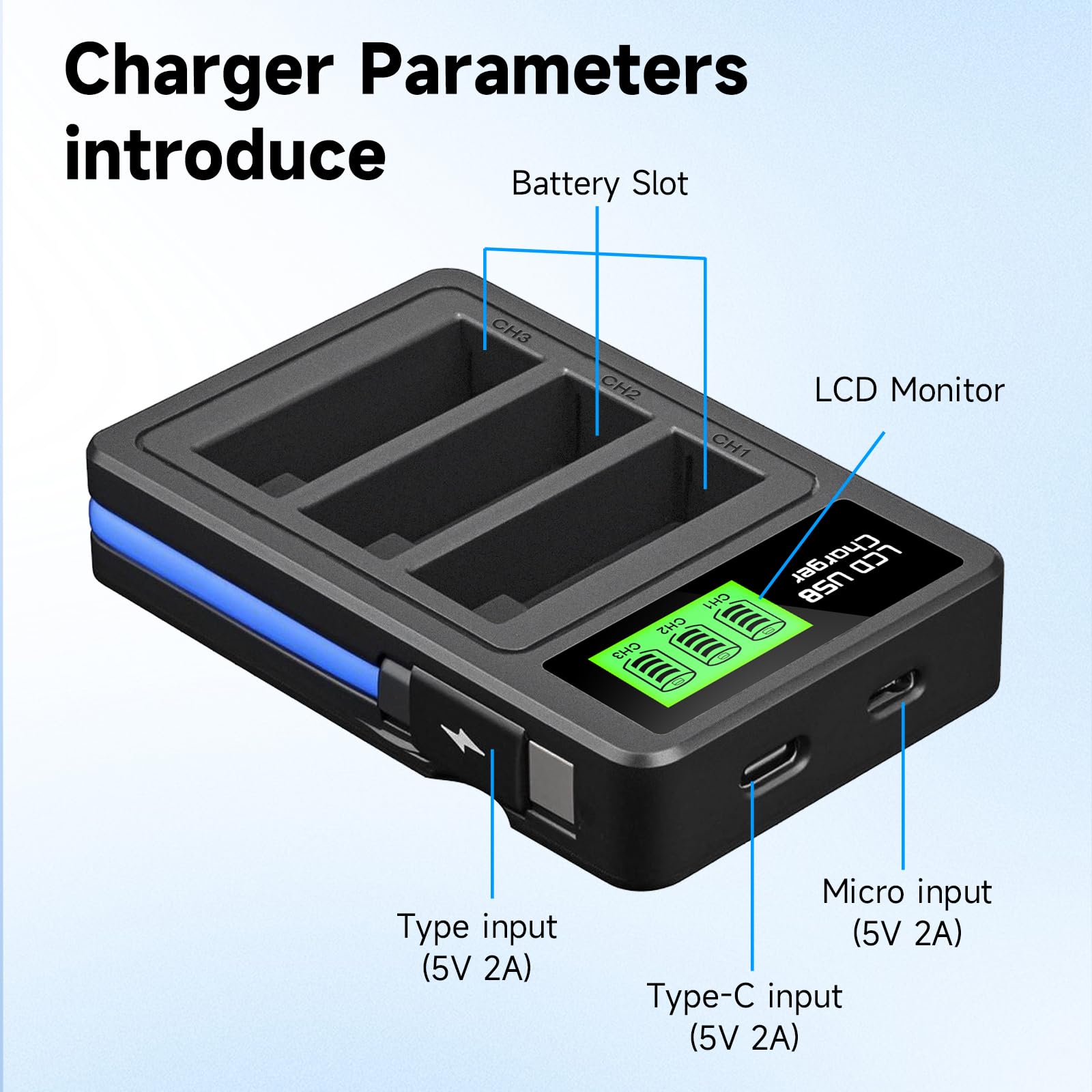CITYORK Caricatore a 3 slot e 3 batterie da 2400 mAh, compatibile con Insta360 Ace e Pro, batteria di ricambio per Insta360 Pro, con display LCD e cavo USB