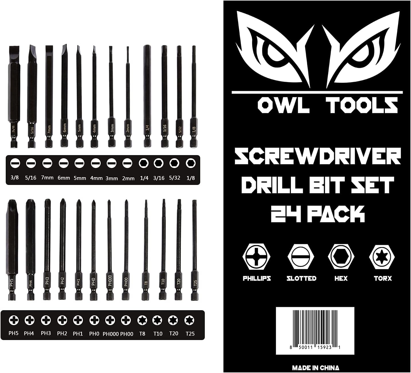 4" Long Screwdriver Drill Bit Set (24 Pack with Storage Case) Set Contains Phillip, Slotted, Hex (Allen), and Torx Bit Heads - - 