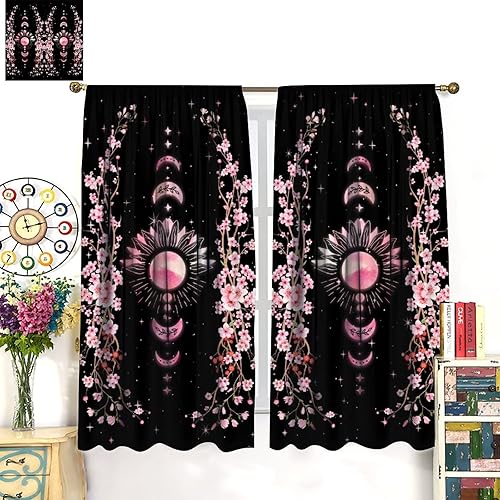 Miniatura 3 de Cortinas opacas con diseño de luna y flores, estilo japonés, para dormitorio, fase negra y rosa, para jardín, estética, plantas naturales, 21