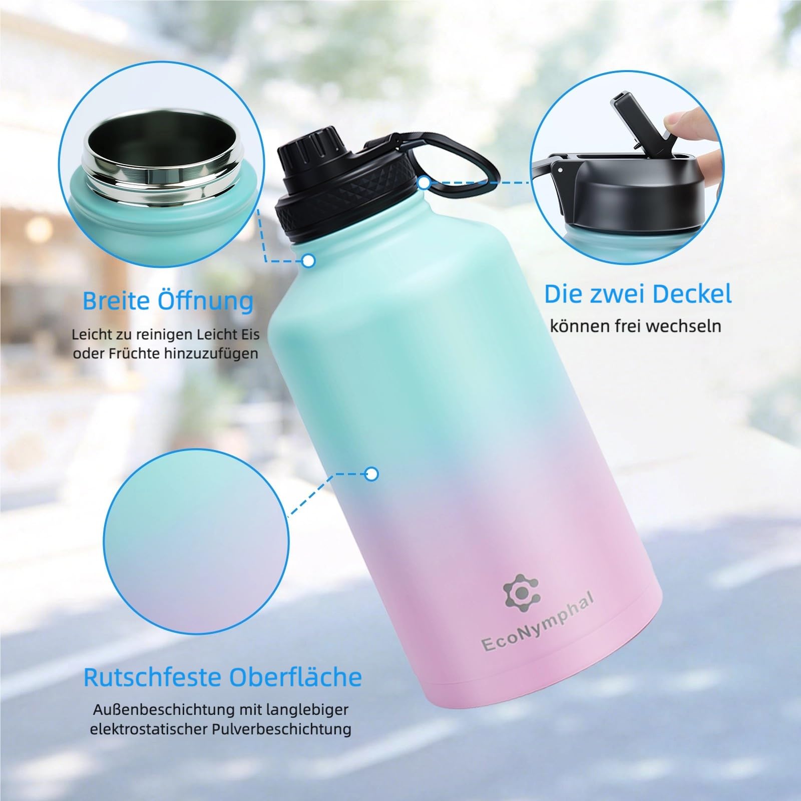 Edelstahl trinkflasche 1.9L - Isolierflasche mit Strohhalm & 2 Deckeln - 100% Auslaufsicher - Reinigungsbürste & 4 Sticker - BPA-frei & spülmaschinenfest - Geschenk für Sport & Arbeit,rosa grün