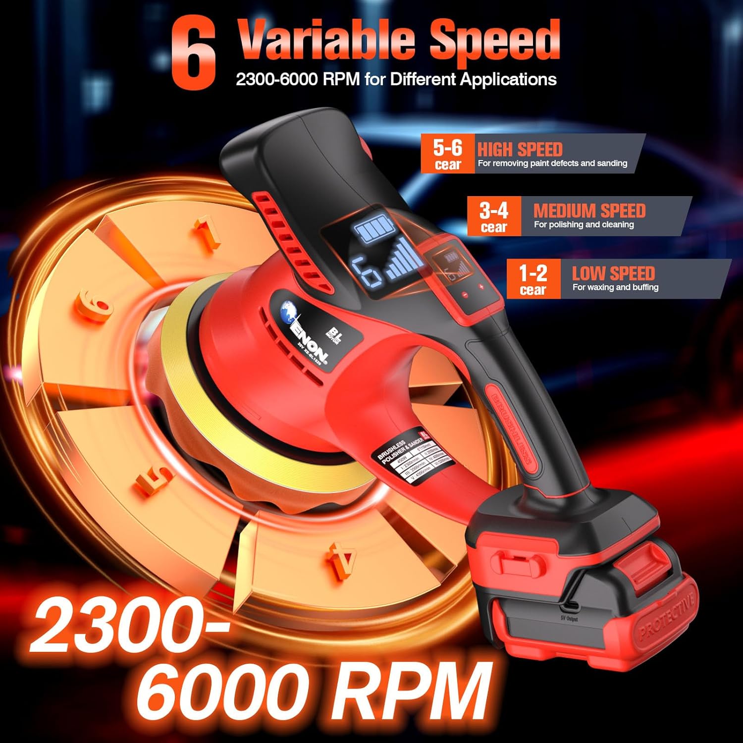 ENON Cordless Car Buffer Polisher Kit（2X 2000mAh 12V Batteries&34 PCS Attachments）- Brushless Dual Action Random Orbital Polishing with 6-Speed 6000RPM for Auto Detailing, Waxing & Paint Correction