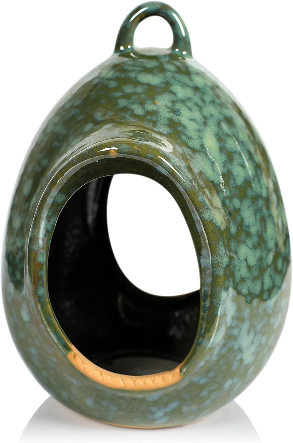 Byer of Maine Egg Fly Through Bird Feeder for Outside, Easy to Refill, High Fired Porcelain Stoneware with Glossy Glaze, 2lbs, Mottled Blue, 8”x6”x7”