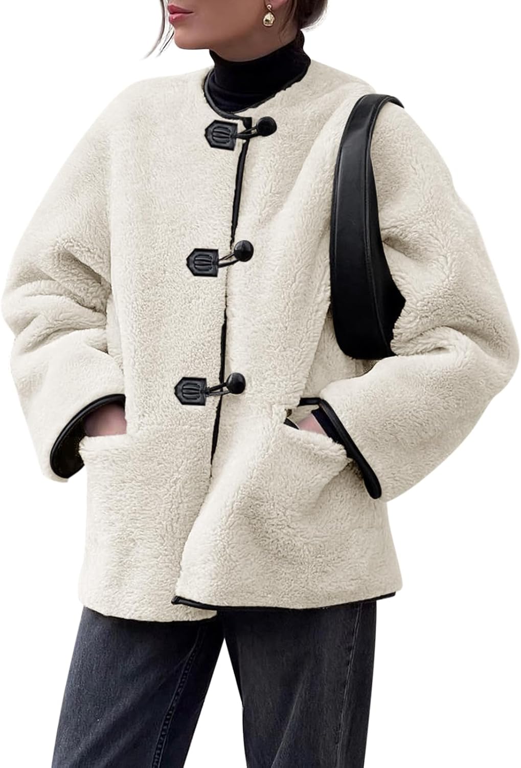 Cicy Bell Womens Faux Fur Jacket Fuzzy Coat Long Sleeve Button Front Warm Winter Outerwear with Pockets