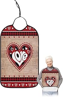 BOBOWUNY Valentines Day Adult Bibs for Elder Women Men Eating, Red Black Buaalo Plaid Love Heart Retro Wood Waterproof & Washable Bibs for Eating Clothing Protector Dining Bibs for Crumb Catcher