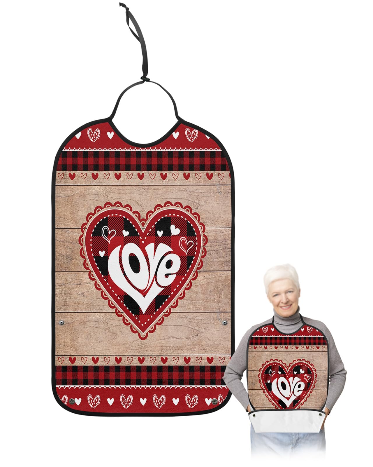 Valentines Adult Bibs for Eating, Waterproof Bibs with Food Catcher & Adjustable Snap Closure, Red Black Buaalo Plaid Love Heart Retro Wood Clothing Protectors Adult Bibs for Elderly Women/Men