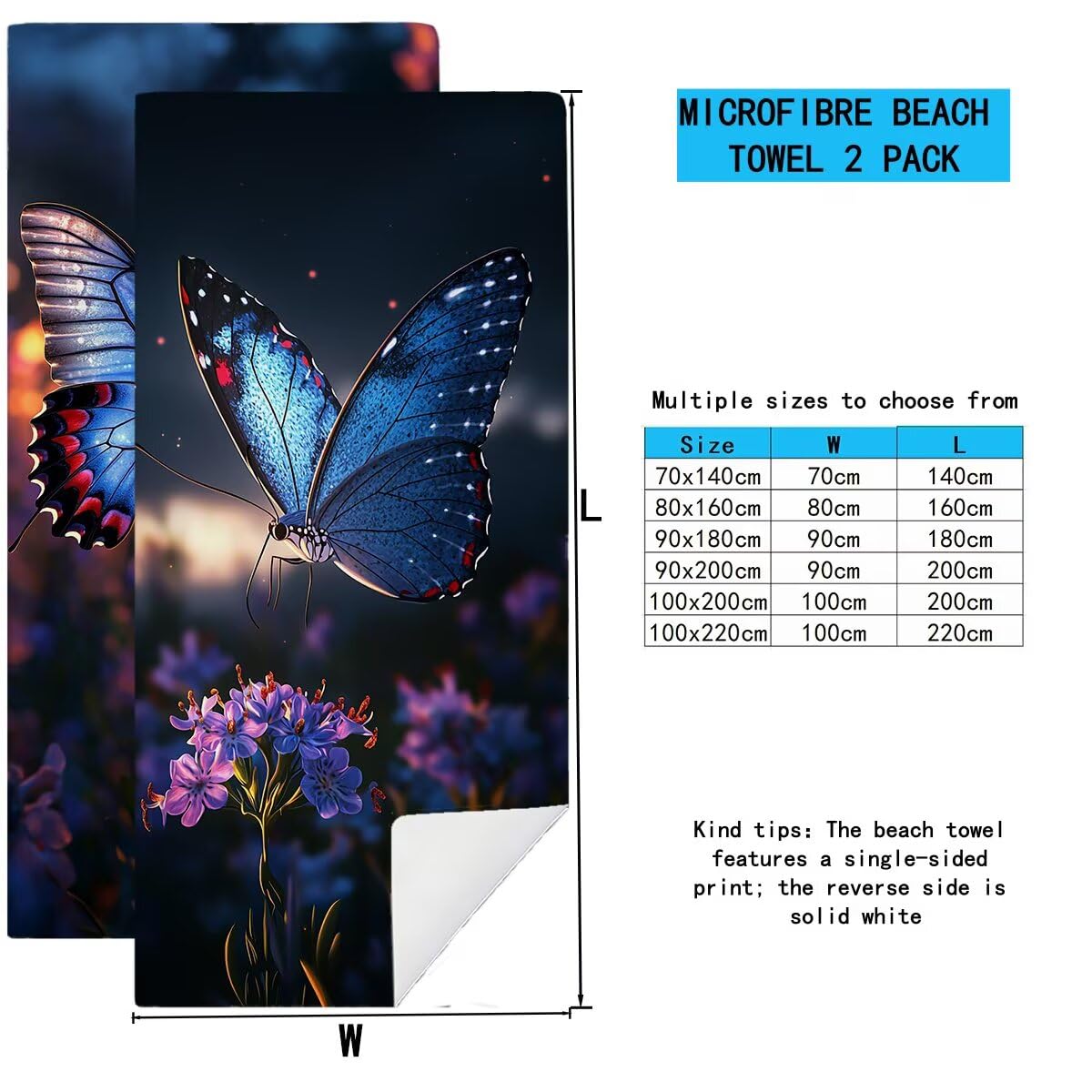 Telo Mare Microfibra, Telo Mare Grande 90x200cm 2 Pezzi, Asciugamano Palestra Donna Asciugatura Rapida, Antisabbia Asciugamano Microfibra, Leggero Asciugamani Palestra per Regalo (Farfalla) -4186