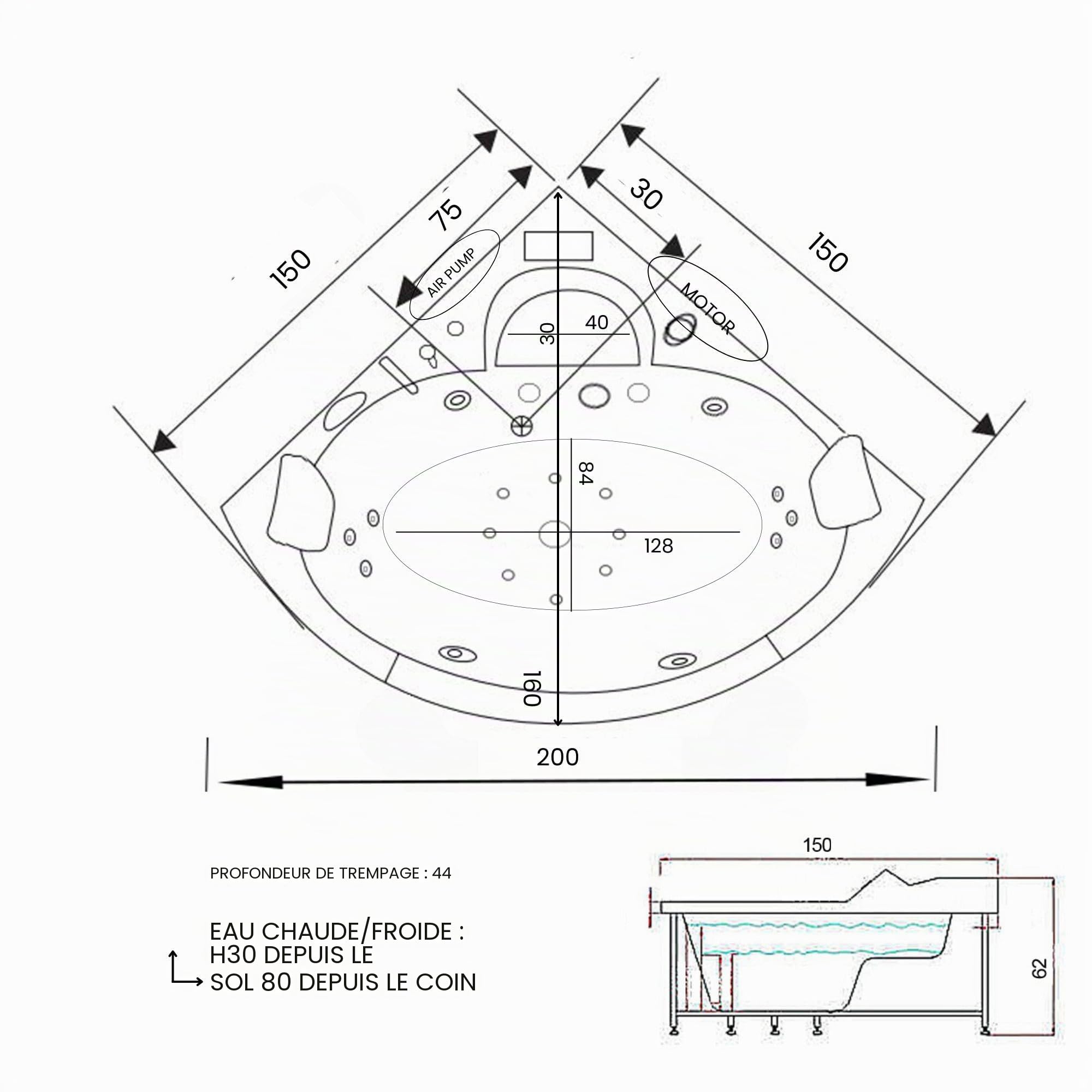 Baignoire Balnèo Baignoire d'angle 2 places 150 x 150 cm - Athena