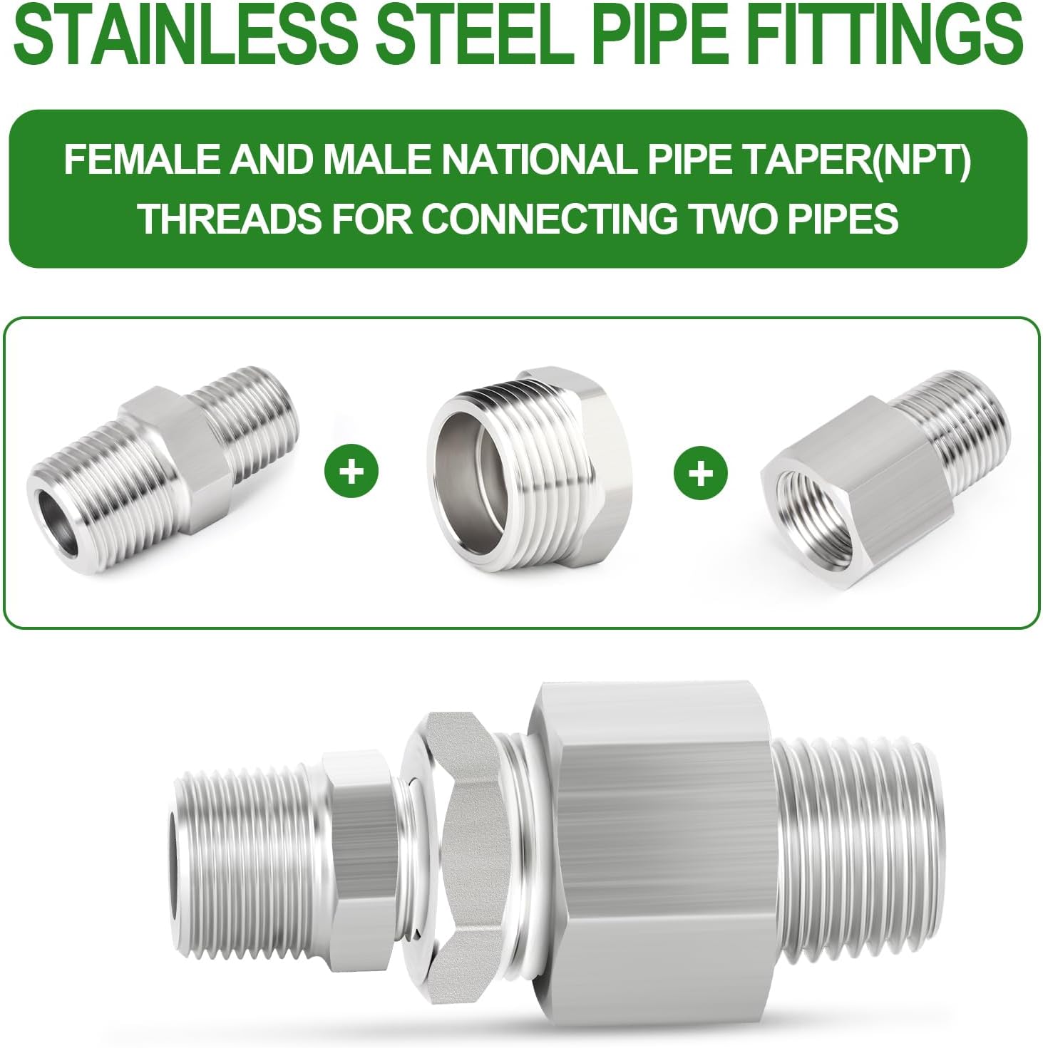 5PCS 304 Stainless Steel New Reducer Hex Bushing, 1/2" NPT Male x 1/4" NPT Female, Reducing Pipe Adapter Fitting