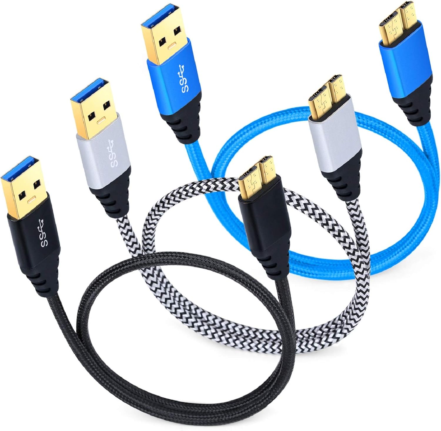 Best Review Besgoods Hard Drive Cable, 3-Pack Short 1.5ft Braided Super Speed USB 3.0 Cable - A Male to Micro B Cable Cord for Samsung Galaxy S5, Note 3, Hard Drive and More - Black White Blue