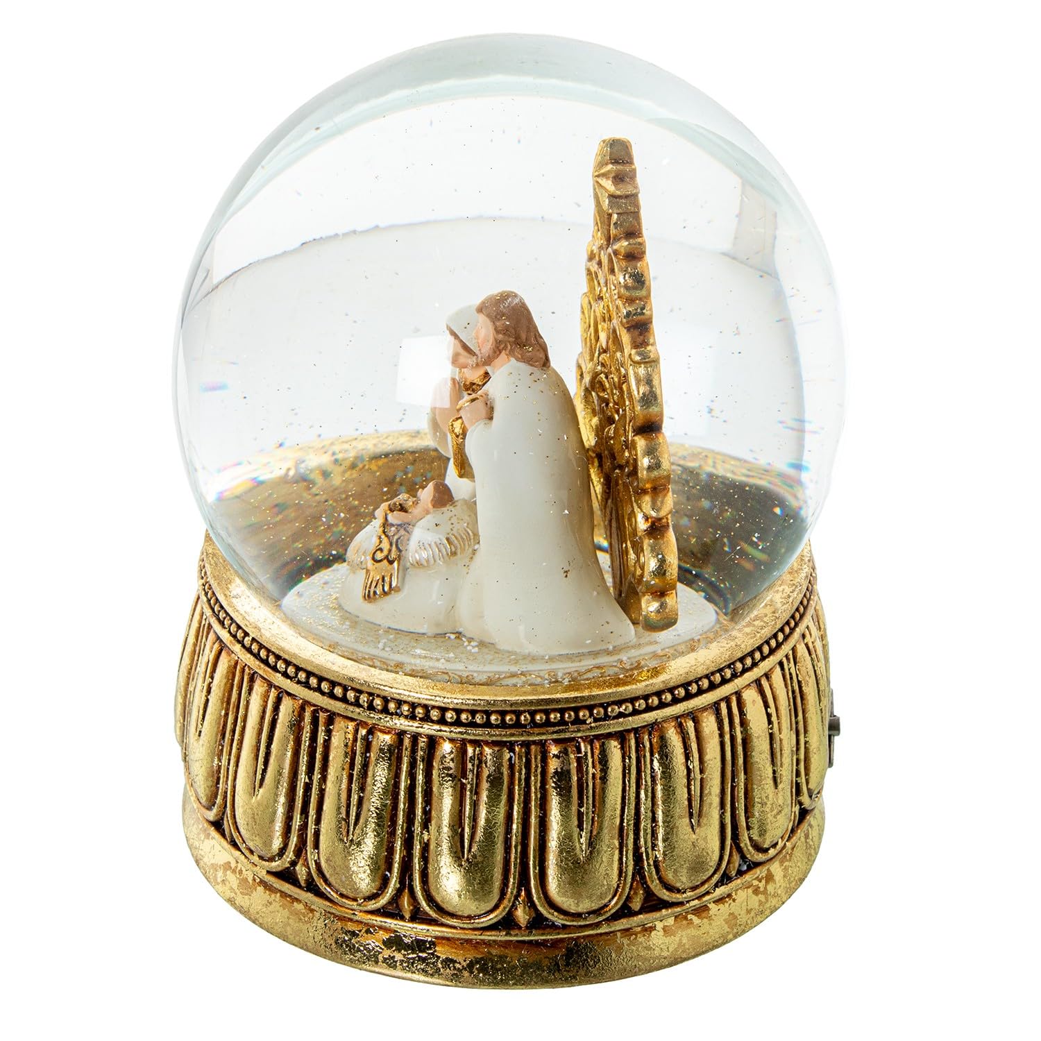 Boule à Neige avec Figurine Nativité Musicale en résine à Corde en Blanc et doré 15 x 15 x 20 cm