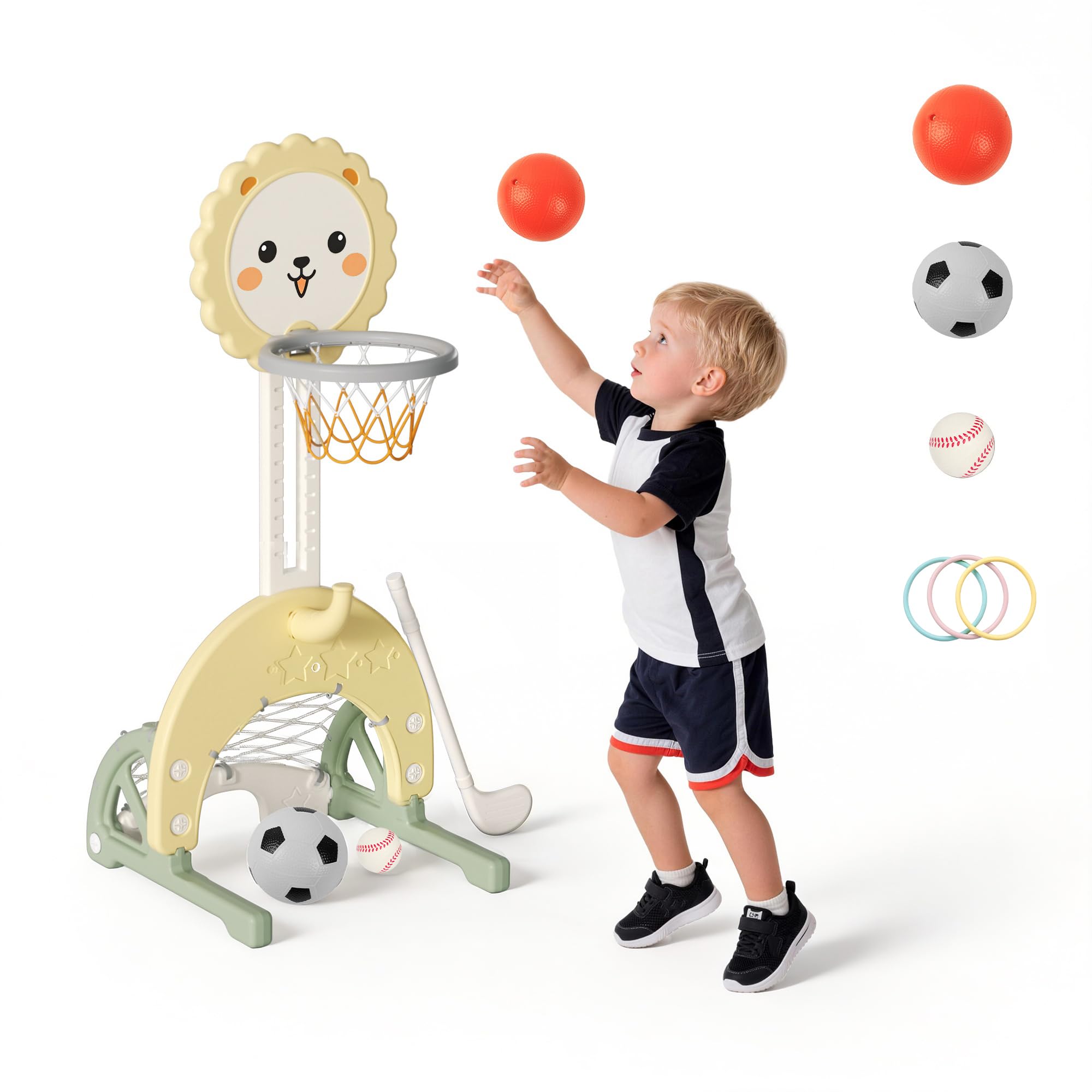 hoopyosms 3-in-1 Kids Basketball Hoop - Adjustable Height with Football Goal and Ring Throw, Mini Basketball Hoop, Indoor and Outdoor, for Toddlers, Green