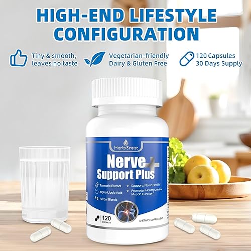 Miniatura 6 de Nerve Support Plus, 120 cápsulas, con extracto de cúrcuma, ácido alfa-lipoico, B12, vitaminas y mezcla de hierbas, 1 paquete