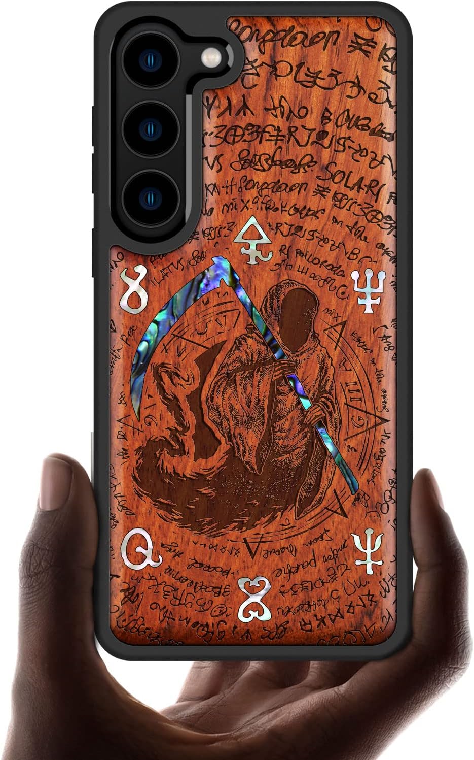Carveit Designer Wooden Case for Samsung Galaxy S23 Plus Cover [Wood Engraving & Shell Inlay] Wood Phone Case Compatible with Wireless Chargers Galaxy S23 Plus Case (Grim Reaper-Rosy)