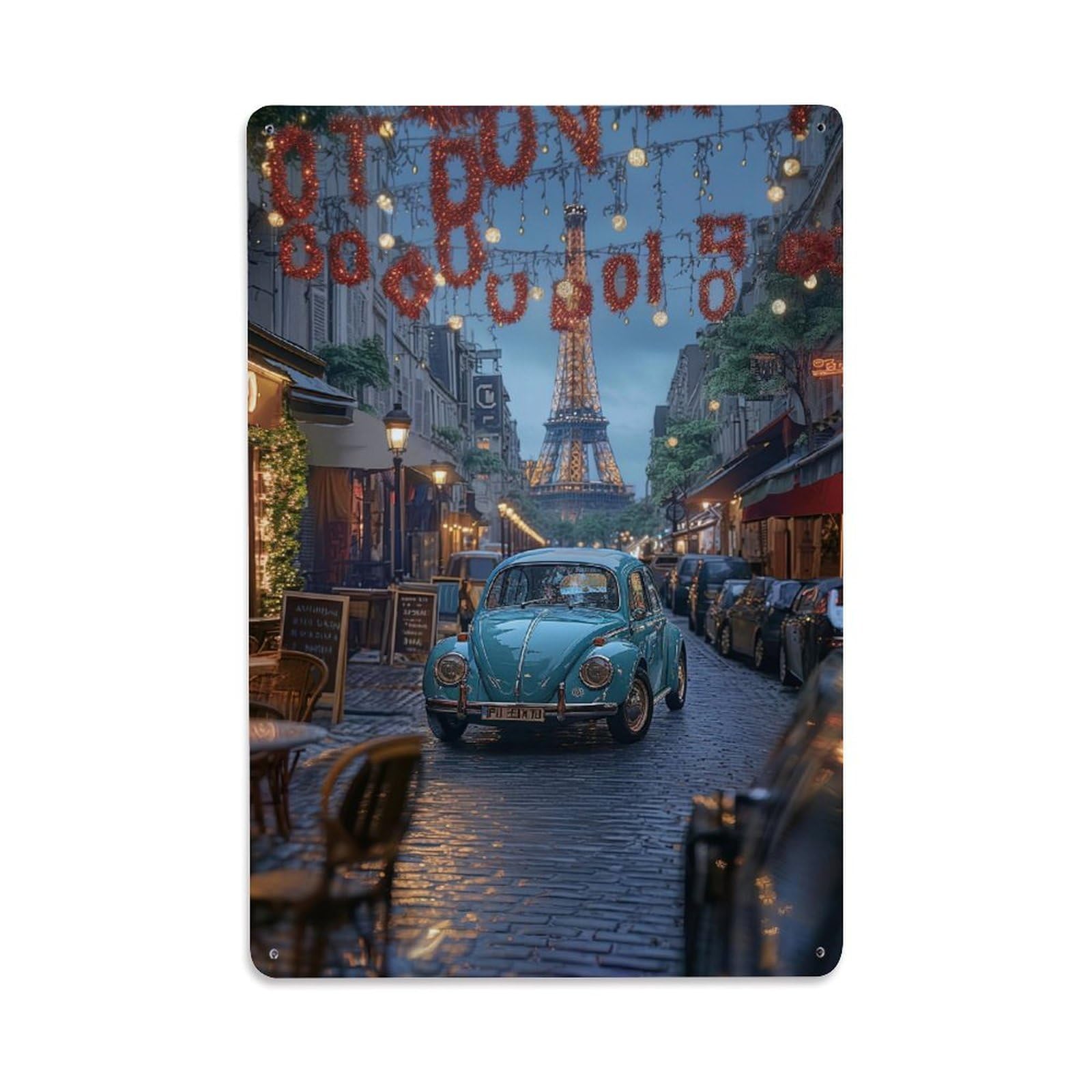 Classic Car for Retro Beetle in Paris Metal Tin Sign Plaque Wall Decor for Cafe, Club, Garden Metal Poster 8x12Inch