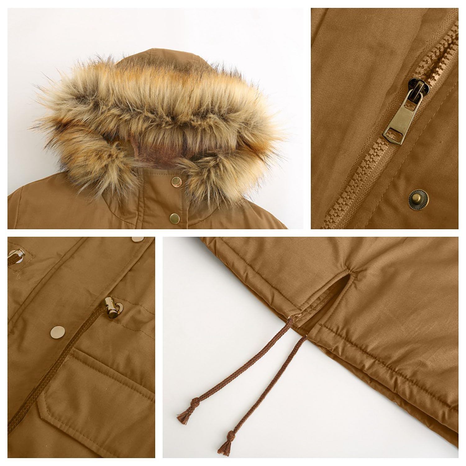 Frauen Winterjacke Kunstpelz Kapuze Baumwolle Gepolstert Mantel Damen Parka Oberbekleidung Zip Up Plus Size Solid Outdoor Sportbekleidung,Khaki,L(Chest:116cm)
