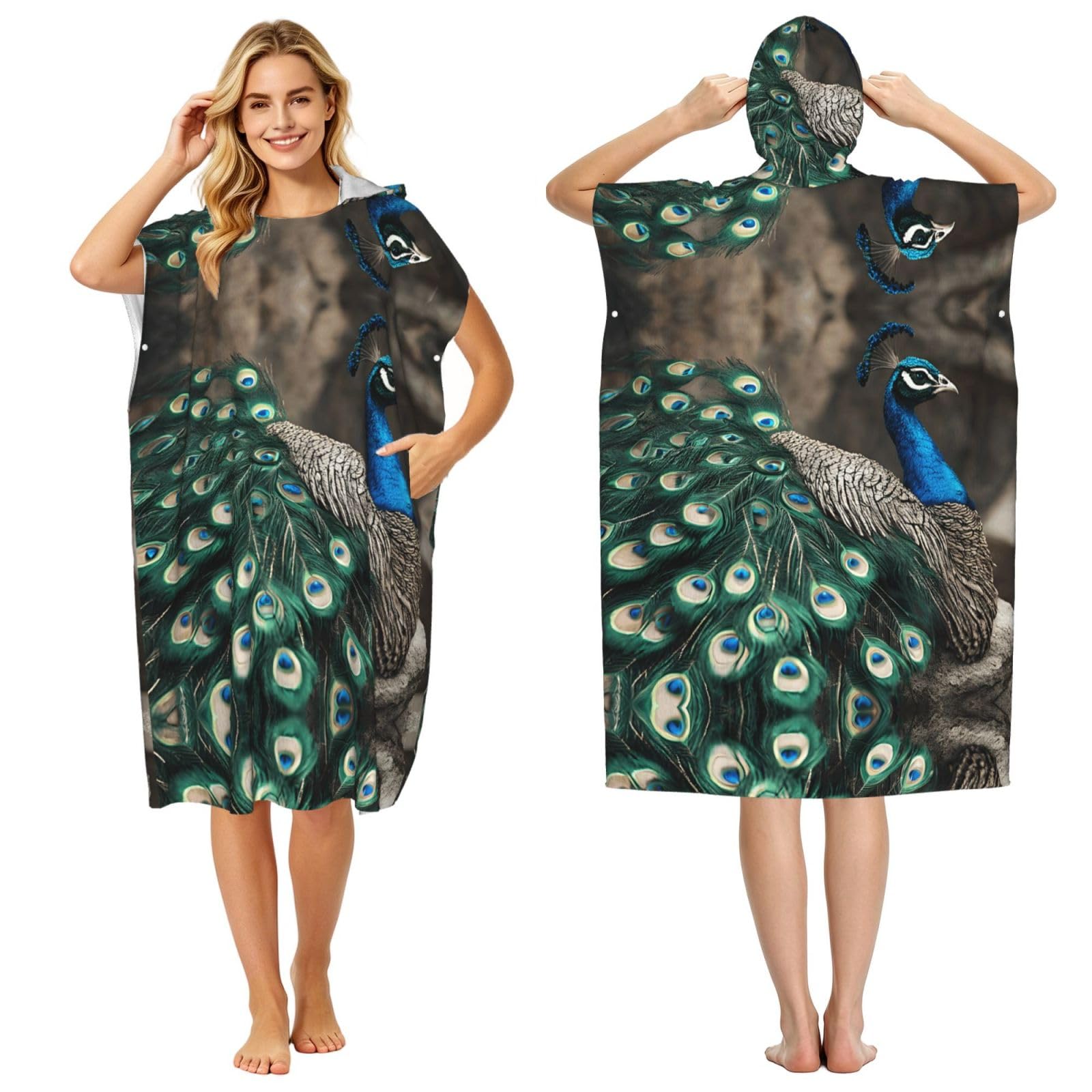 ESNAIUVCD Green Peacock Feather Print Changing Robe, Hooded Towel Poncho For Swimming Pool, Beach,Quick Dry & Light Weight Towelling Poncho For Adults Women Men