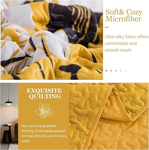 Miniatura 137 de DJY Juego de edredón de 3 piezas, tamaño Queen, con patrón floral amarillo, elegante colcha bohemia con 2 fundas de almohada, juego de ropa de cama