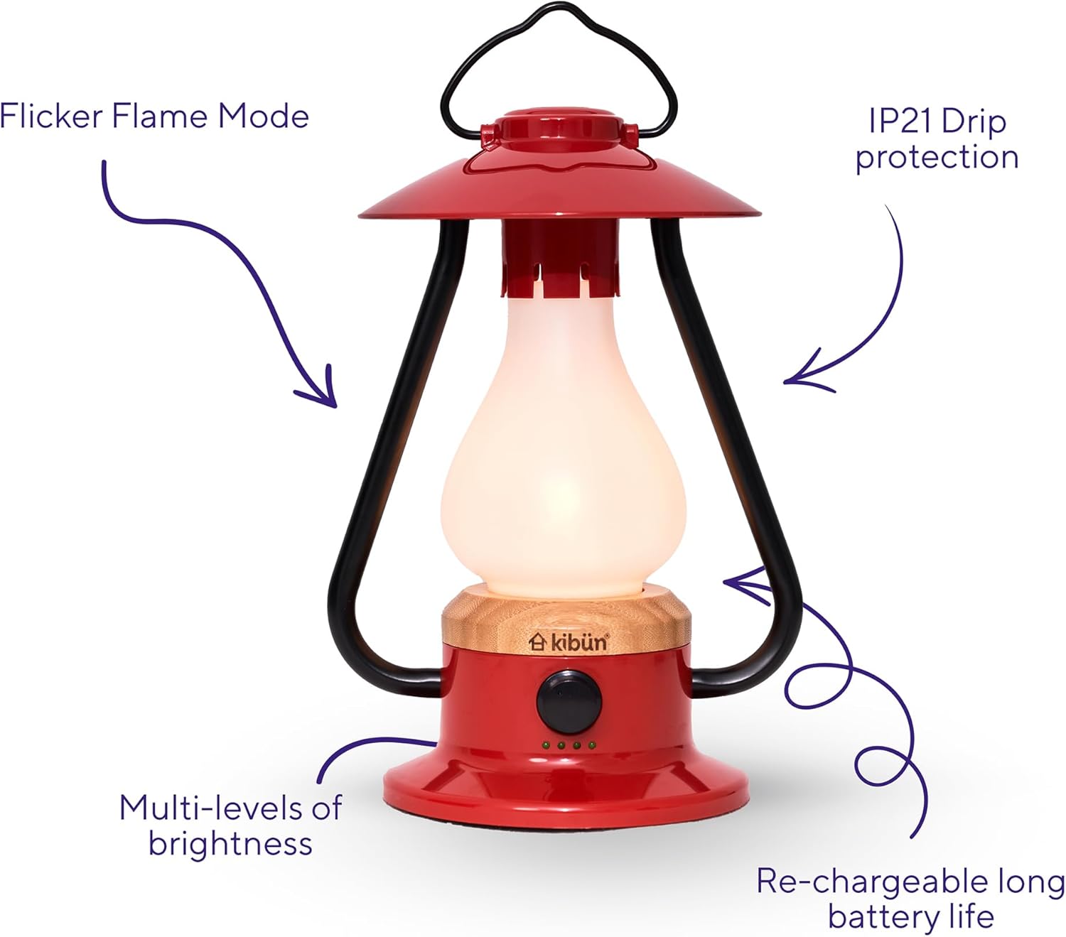 Bulbrite K80121 Kibün Bonfire Cordless LED Outdoor Table Lamp with Dimmer, Built-in Rechargeable Battery, 3-Level Brightness, Portable Camping Lantern, Red