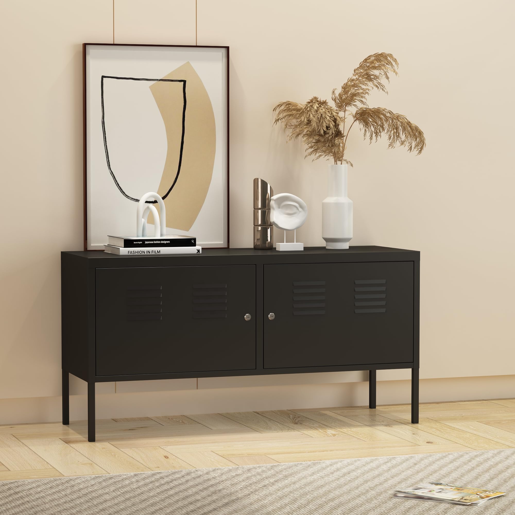 [en.casa] Armadietto in Acciaio Mobile Basso per Archivio con Scomparti Interni 2 Ante con Chiusura a Chiave Armadietto Multiuso per Ufficio Soggiorno 118 x 40 x 60 cm Nero