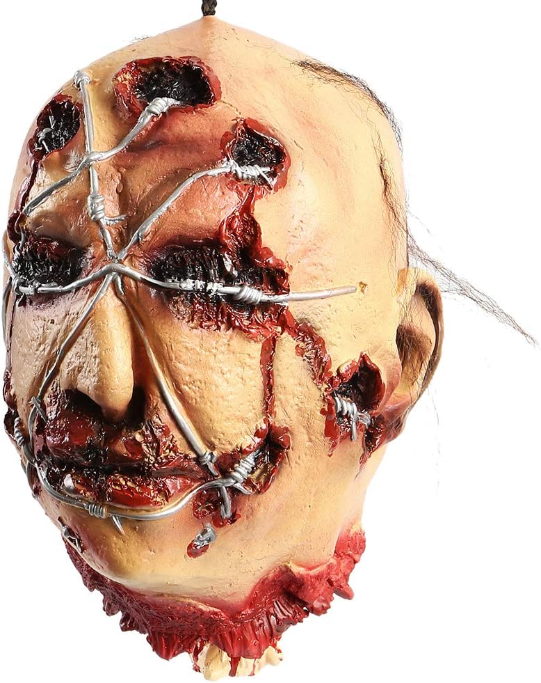 FlowersSea Halloween Props Horror Hanging Severed Head Latex Gruesome Zombie Decapitated Head With Hair Bloody Scary Halloween Decoration Adult Size (Horror Head 04)