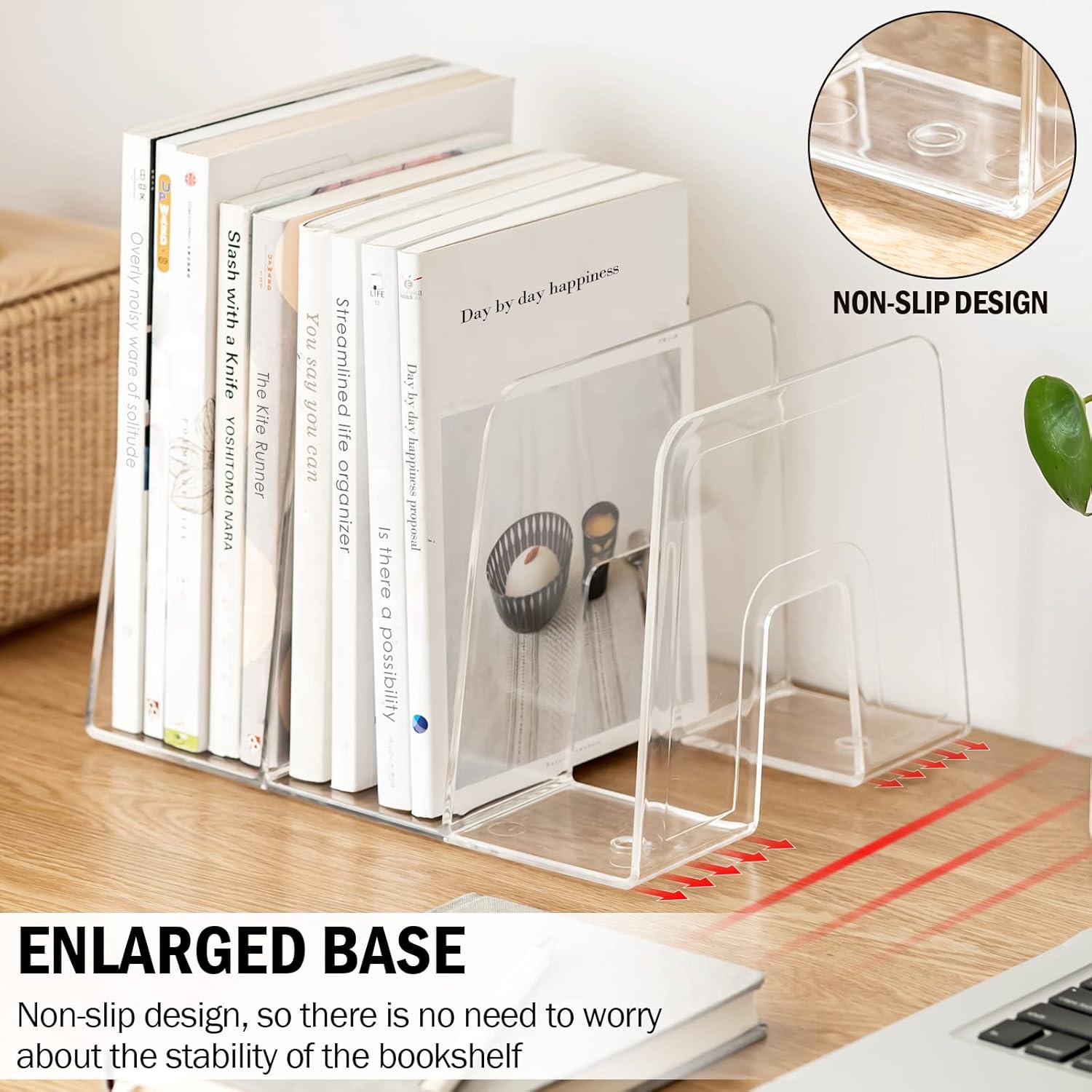 Clear Desktop Book Organizer, Creative Book Stand, Divider Bookshelf for Home School and Office, Non-Acrylic Stand Bookshelves (3 Sections), Transparent, Pack of 2
